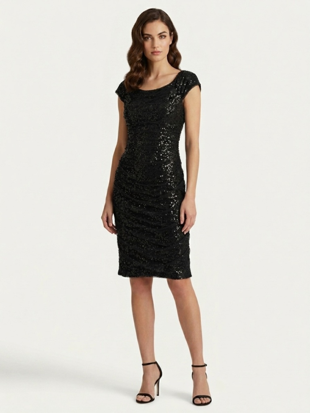 Lauren Ralph Lauren Black Sequin Ruched Mesh Cocktail Babydoll Dress Size 8